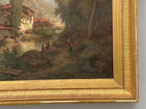 Huile sur toile par Claude Auguste Tamizier XIXe bord de rivière cadre à palmettes