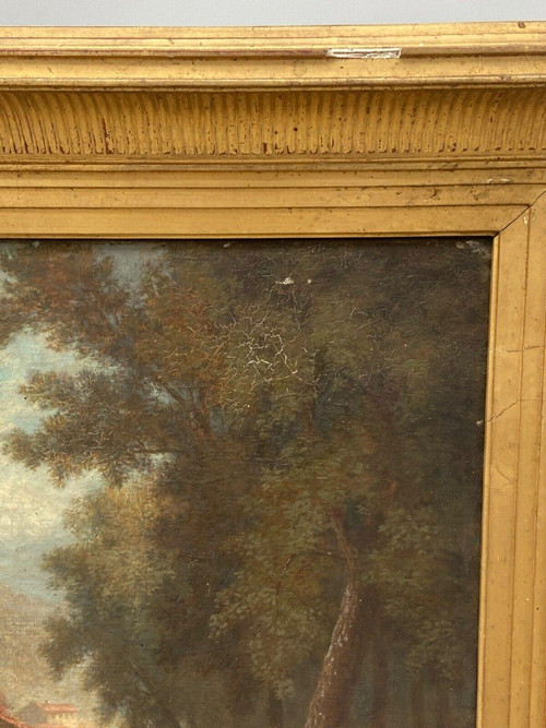 Huile sur toile par Claude Auguste Tamizier XIXe bord de rivière cadre à palmettes