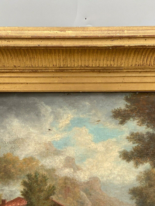 Huile sur toile par Claude Auguste Tamizier XIXe bord de rivière cadre à palmettes