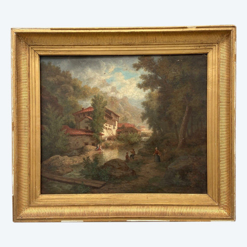 Huile sur toile par Claude Auguste Tamizier XIXe bord de rivière cadre à palmettes