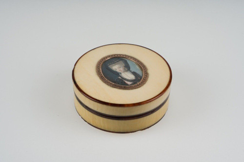 18th-century tortoiseshell box decorated with a miniature of a woman wearing a headdress
