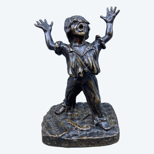 Scultura in bronzo di E. Thomas bambino La Marceyeze patina di cioccolato