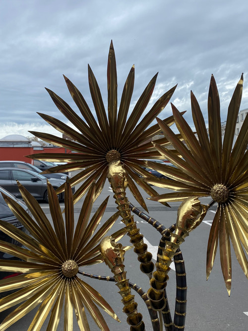 1970′ Yuka Palm Tree Floor Lamp Brass and Patinated Iron Maison Jansen 3 Heads Brutalist Style H 215 cm