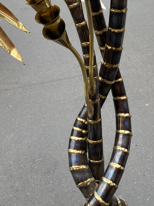 1970′ Yuka Palm Tree Floor Lamp Brass and Patinated Iron Maison Jansen 3 Heads Brutalist Style H 215 cm
