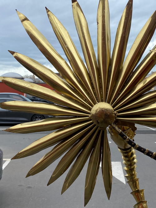 1970′ Yuka Palm Tree Floor Lamp Brass and Patinated Iron Maison Jansen 3 Heads Brutalist Style H 215 cm