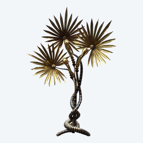 1970′ Yuka Palm Tree Floor Lamp Brass and Patinated Iron Maison Jansen 3 Heads Brutalist Style H 215 cm