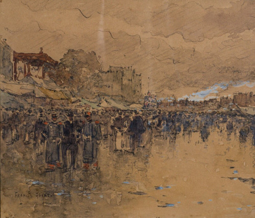 Acquerello su carta di Francis Garat Scena di strada Parigi XX arrondissement
