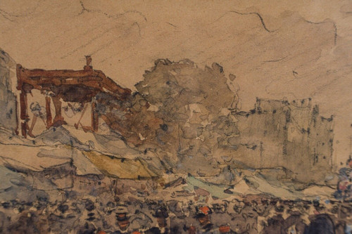 Acquerello su carta di Francis Garat Scena di strada Parigi XX arrondissement