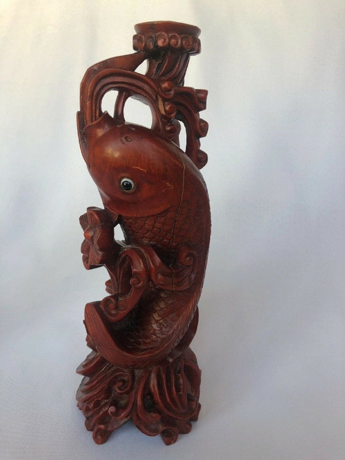 Ironwood candlesticks with hand-carved carp design Japan marking