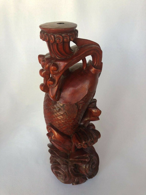 Ironwood candlesticks with hand-carved carp design Japan marking