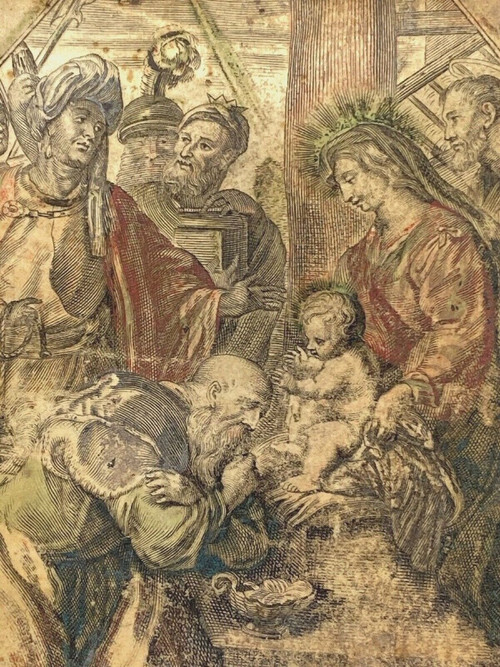 Parchemin XVIIe peinture religieuse scène à l'Antique