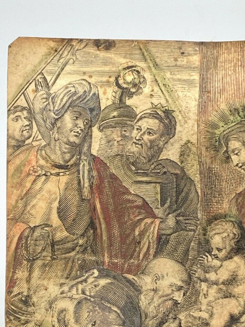 Parchemin XVIIe peinture religieuse scène à l'Antique