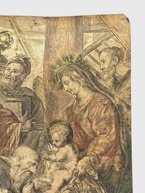 Parchemin XVIIe peinture religieuse scène à l'Antique