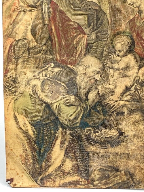 Parchemin XVIIe peinture religieuse scène à l'Antique