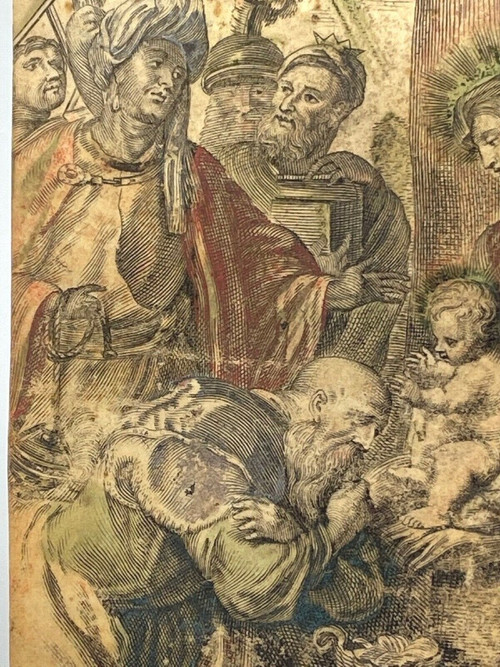 Parchemin XVIIe peinture religieuse scène à l'Antique