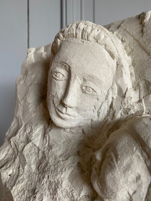 Sculpture taille directe Béton cellulaire Femme à l'enfant