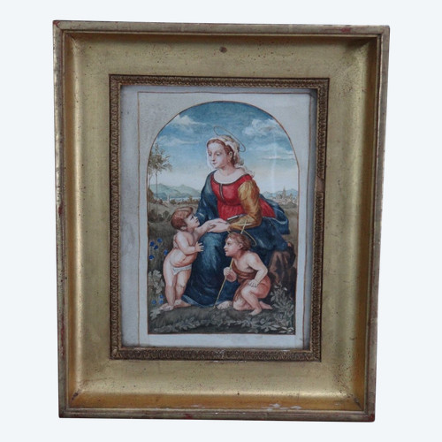 Aquarelle Vierge à l'Enfant cadre doré XIXe