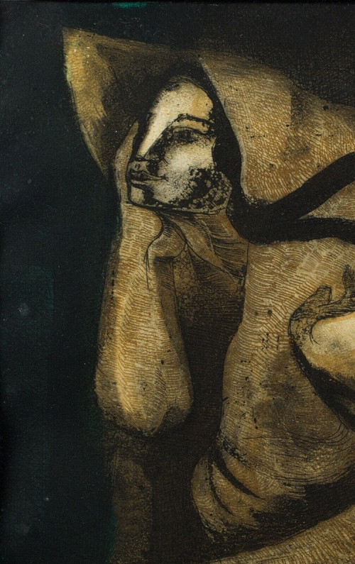 Gouache auf Papier Portugal Frau mit Schleier 1960 Plexiglasrahmen