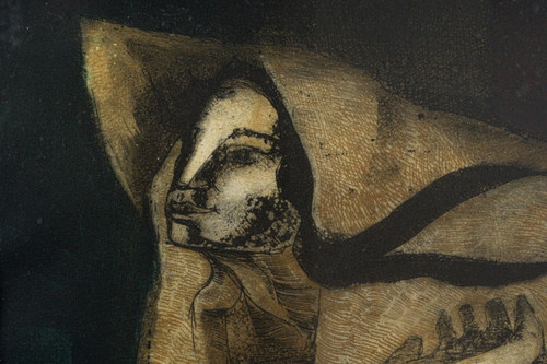 Gouache auf Papier Portugal Frau mit Schleier 1960 Plexiglasrahmen