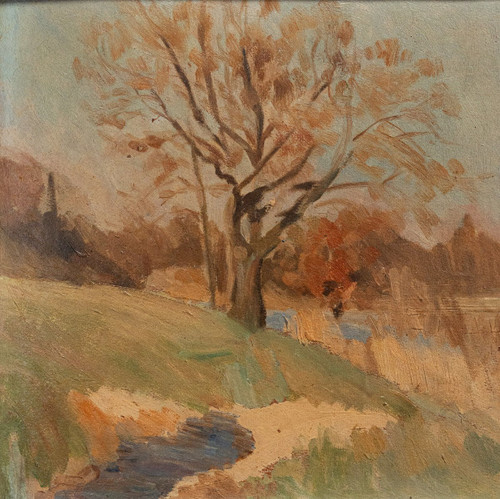 Huile sur panneau par Félix Labbé XXe bords de rivière cadre cérusé