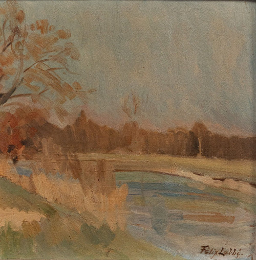 Huile sur panneau par Félix Labbé XXe bords de rivière cadre cérusé
