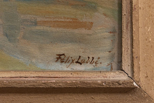 Huile sur panneau par Félix Labbé XXe bords de rivière cadre cérusé