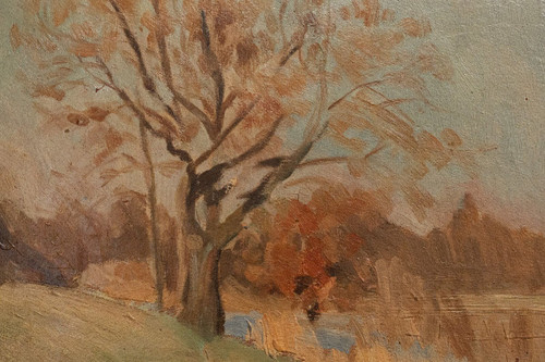 Huile sur panneau par Félix Labbé XXe bords de rivière cadre cérusé