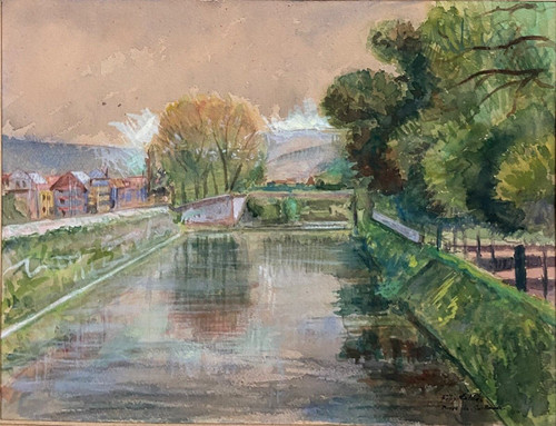 Watercolor on paper by Félix Labbé Brive-la-Gaillarde canal bank 20th century