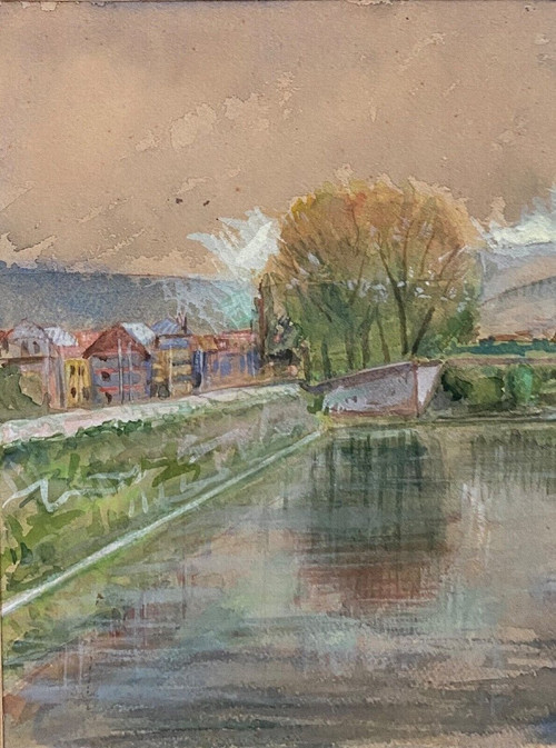 Watercolor on paper by Félix Labbé Brive-la-Gaillarde canal bank 20th century