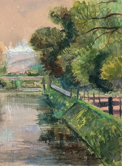 Watercolor on paper by Félix Labbé Brive-la-Gaillarde canal bank 20th century