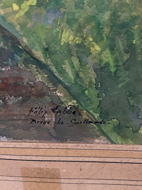 Watercolor on paper by Félix Labbé Brive-la-Gaillarde canal bank 20th century
