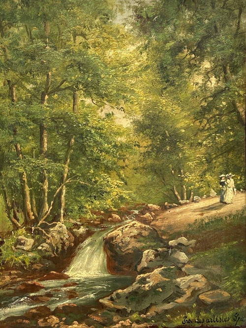 Olio su tavola promenade des artistes à Spa Sous-bois de Spa XX secolo
