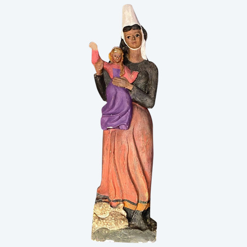 Virgin and Child in Breton plaster 1900 polychrome modeling