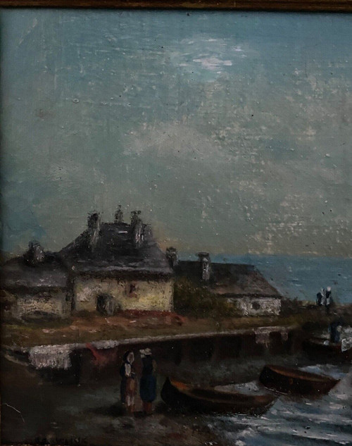 Oil on panel XXth marine scene signed gold leaf frame