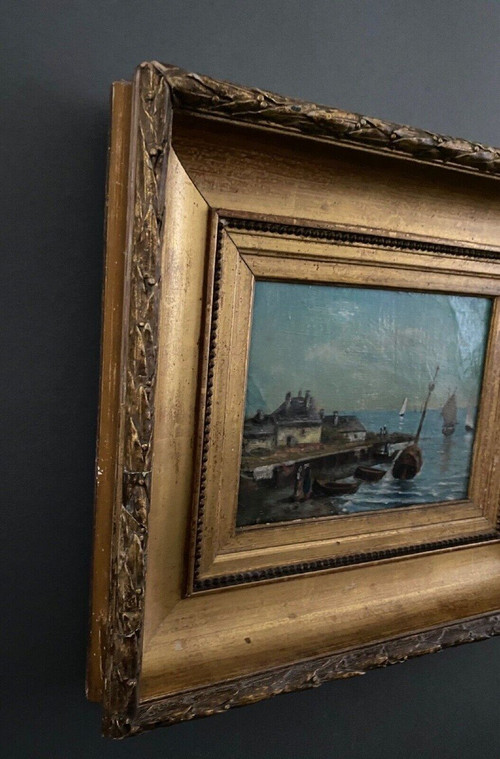 Oil on panel XXth marine scene signed gold leaf frame