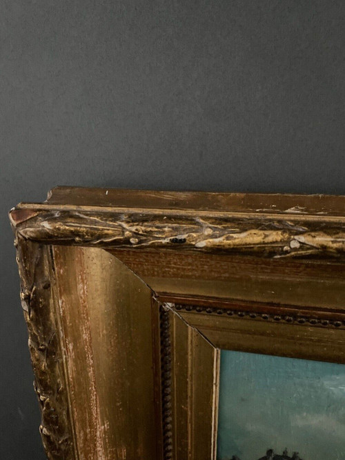 Oil on panel XXth marine scene signed gold leaf frame