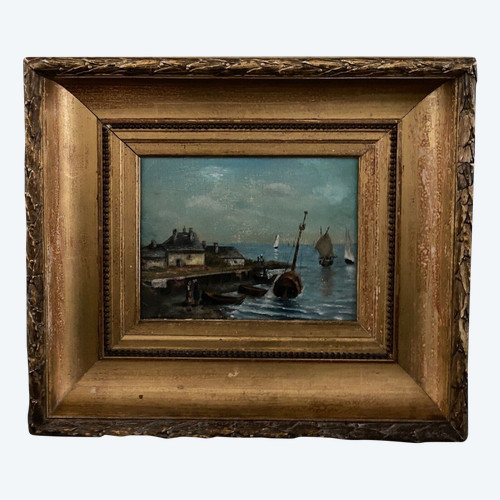 Oil on panel XXth marine scene signed gold leaf frame