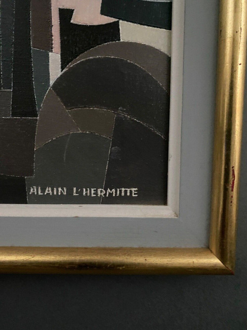 Öl auf Leinwand Alain L'Hermitte Lhermitte geometrische Architektur des 20. Jahrhunderts