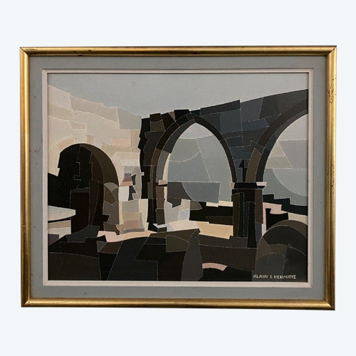 Öl auf Leinwand Alain L'Hermitte Lhermitte geometrische Architektur des 20. Jahrhunderts