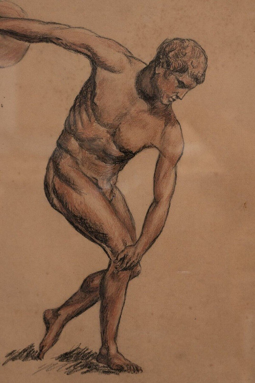 Charcoal drawing red chalk Discobolus Fine Arts pitch pine frame 1930
