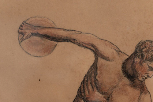 Charcoal drawing red chalk Discobolus Fine Arts pitch pine frame 1930