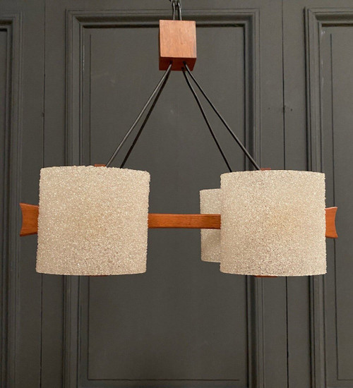Scandinavian teak and resin four-light chandelier 1960