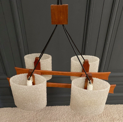 Scandinavian teak and resin four-light chandelier 1960