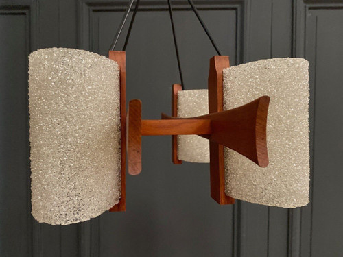 Scandinavian teak and resin four-light chandelier 1960