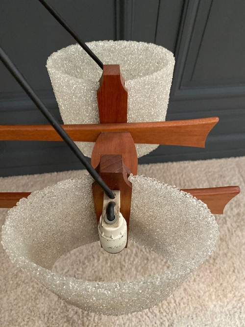 Scandinavian teak and resin four-light chandelier 1960