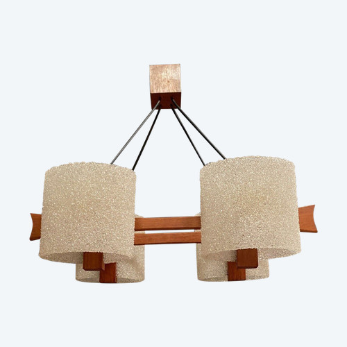 Scandinavian teak and resin four-light chandelier 1960