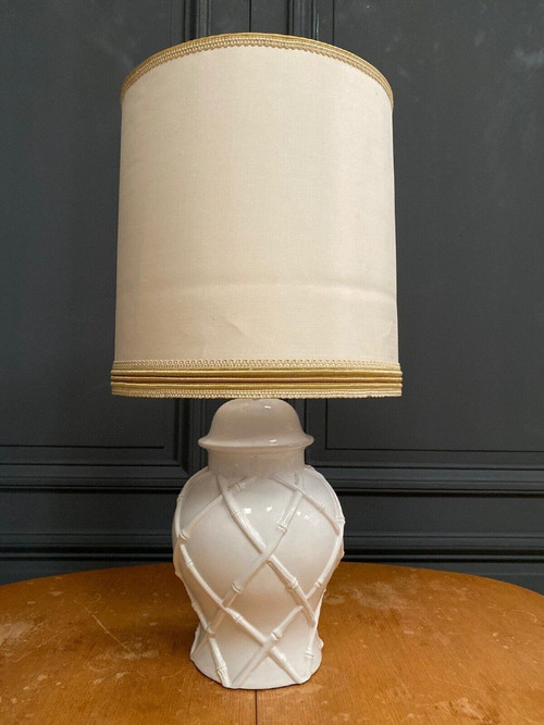 Lampada in bambù stile Hollywood Regency 1970 in ceramica bianca
