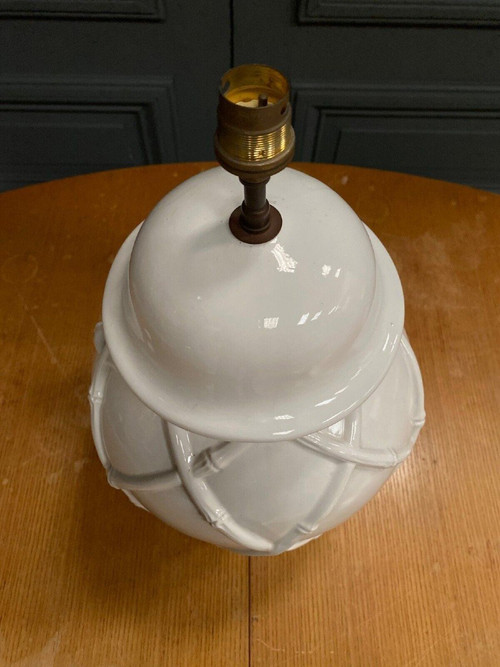 Lampada in bambù stile Hollywood Regency 1970 in ceramica bianca