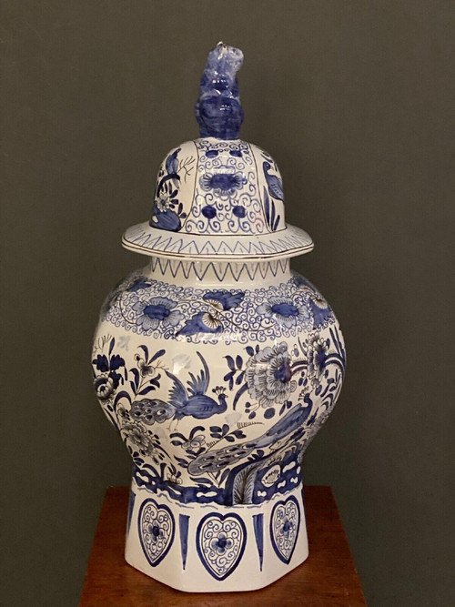 Pot couvert potiche décor Delft AD chien de Fô chinois oiseaux