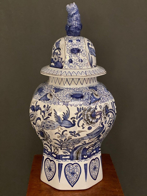 Pot couvert potiche décor Delft AD chien de Fô chinois oiseaux